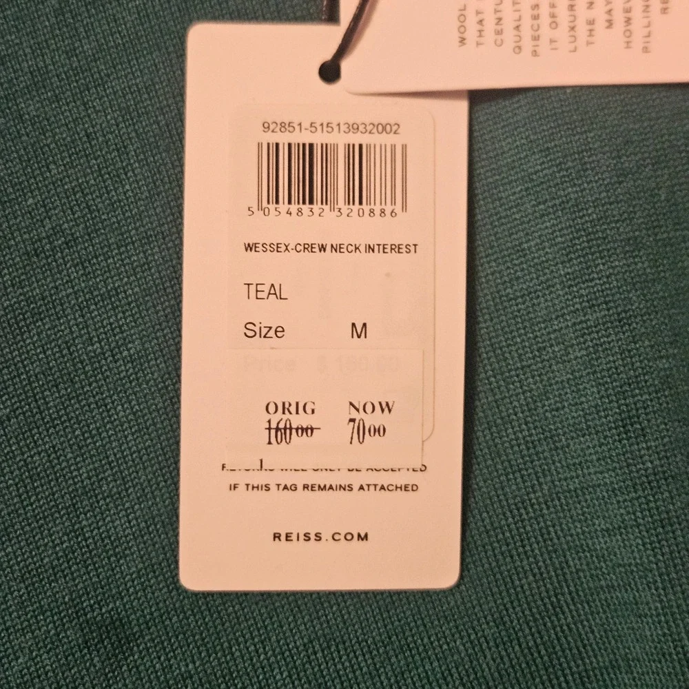 Reiss Wessex Teal 100% Wool Crew Neck Sweater Mens Medium NWT $160